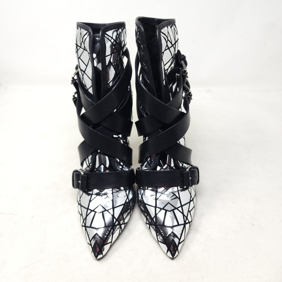 Balmain Paris Womens Boots Jackie Mosaic Silver Metallic Strappy Ankle Heel 37 7 - Picture 6 of 11
